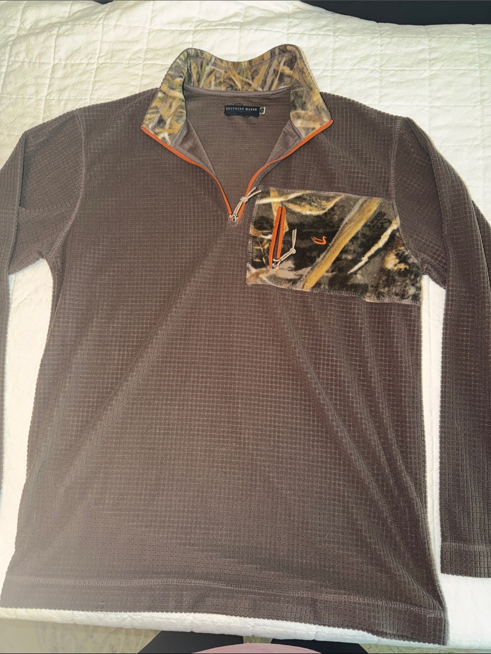 Southern Marsh Men's Brown Waffle Knit Quarter-Zip Pullover with Camo Trim